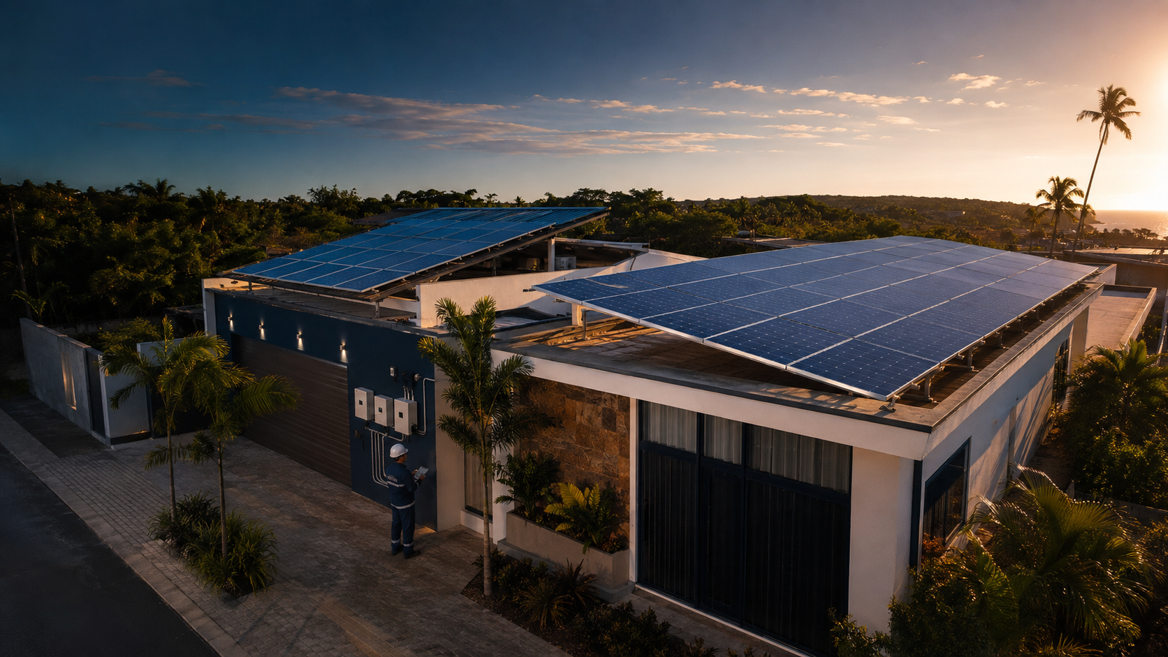 Casa com sistema de energia solar ao pôr do sol